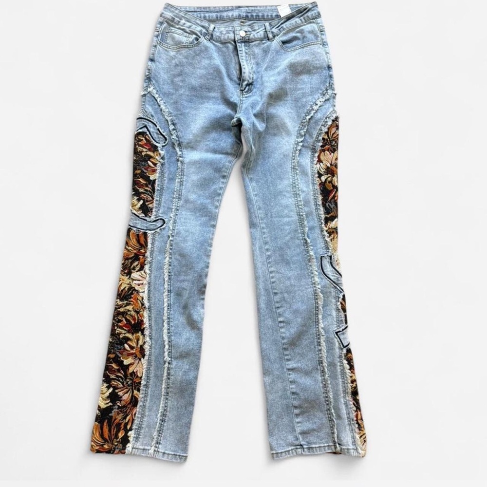 ROMWE Light Blue Bootcut Jeans with Floral Panels